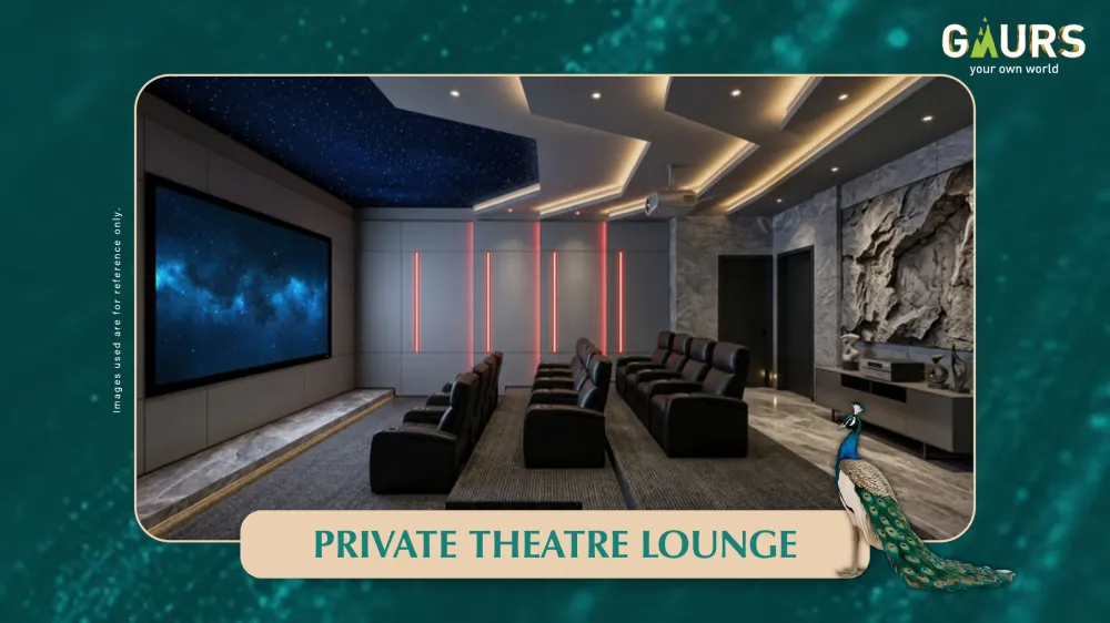 Private Theatre Lounge at Gaur Alaris clubhouse with tiered seating and full-wall screen