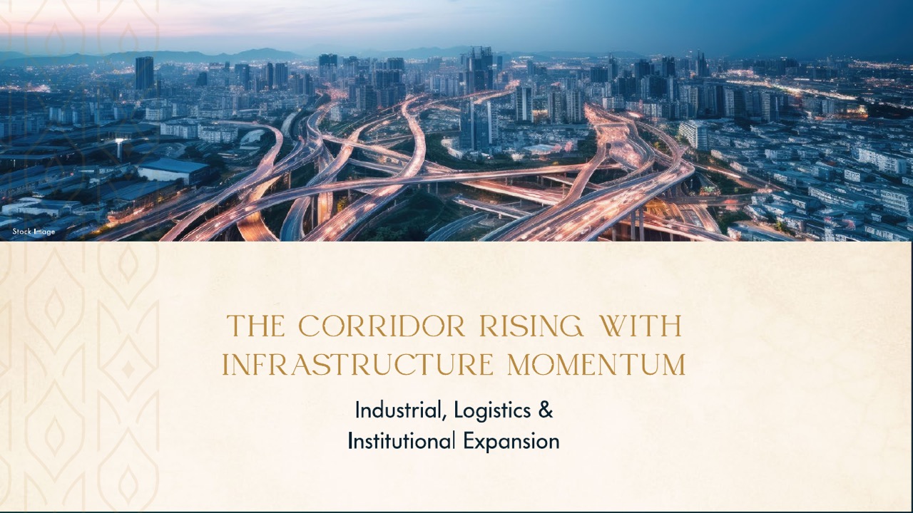 The Corridor Rising With Infrastructure Momentum — Gaur Alaris developer deck slide, an aerial interchange above the caption Industrial, Logistics & Institutional Expansion (stock image, as marked on the slide)